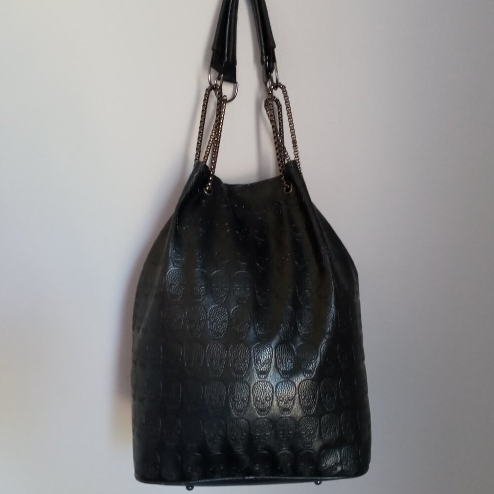 Black embossed skull tote bag purse
